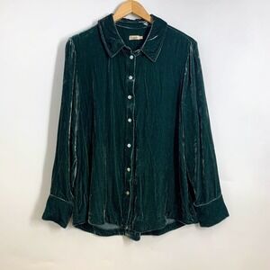 FAHERTY Vintage Silk Velvet Genevieve Button Down Shirt In Emerald Size L